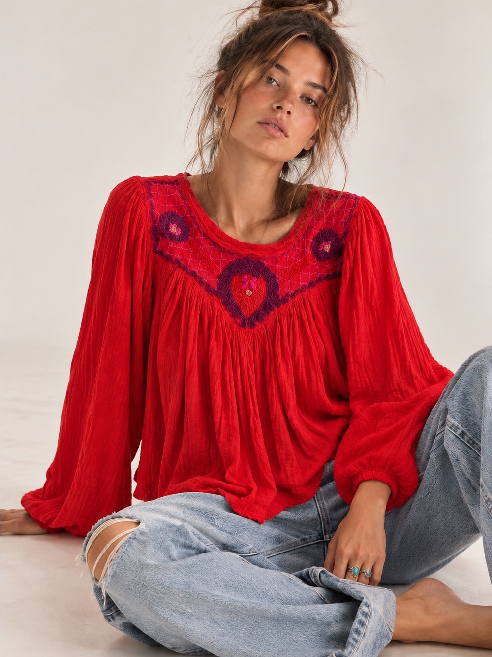 Free People Begonia Embroidered Peasant Top